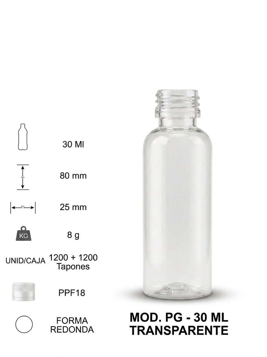 BOTELLA PET PG -30 ML CON TAPON PRECINTO. - Imagen 1